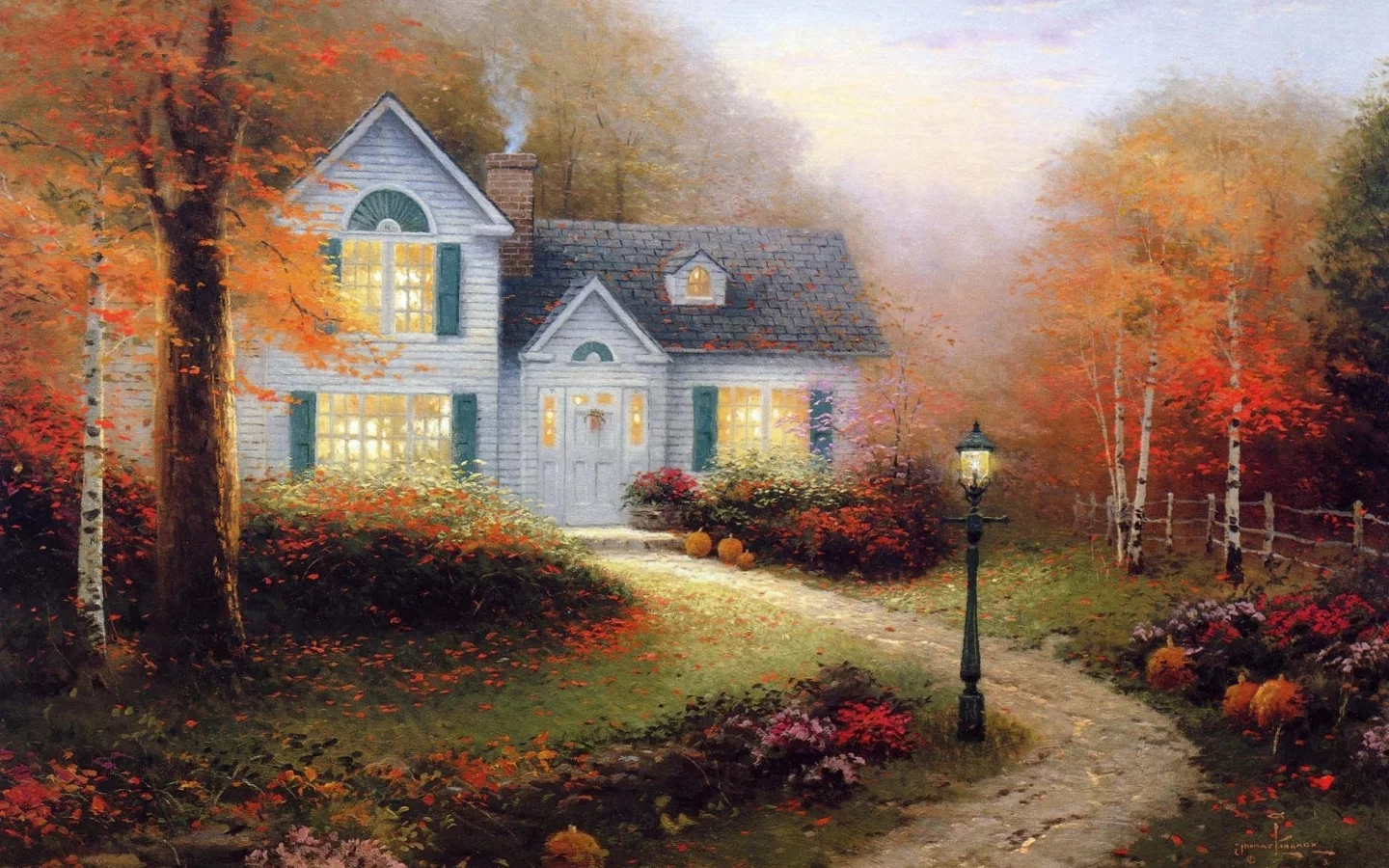 осень, кинкейд, живопись, картина, Thomas kinkade, фонарь
