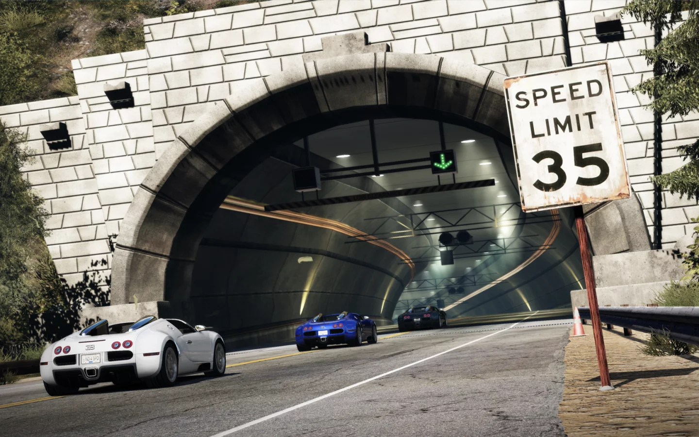 тачки, знак, горы, тоннель, Need for speed hot pursuit, дорога, гонка