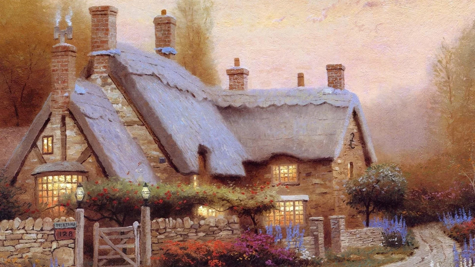 живопись, лето, thomas kinkade, домик, картина, коттедж, цветы, кинкейд