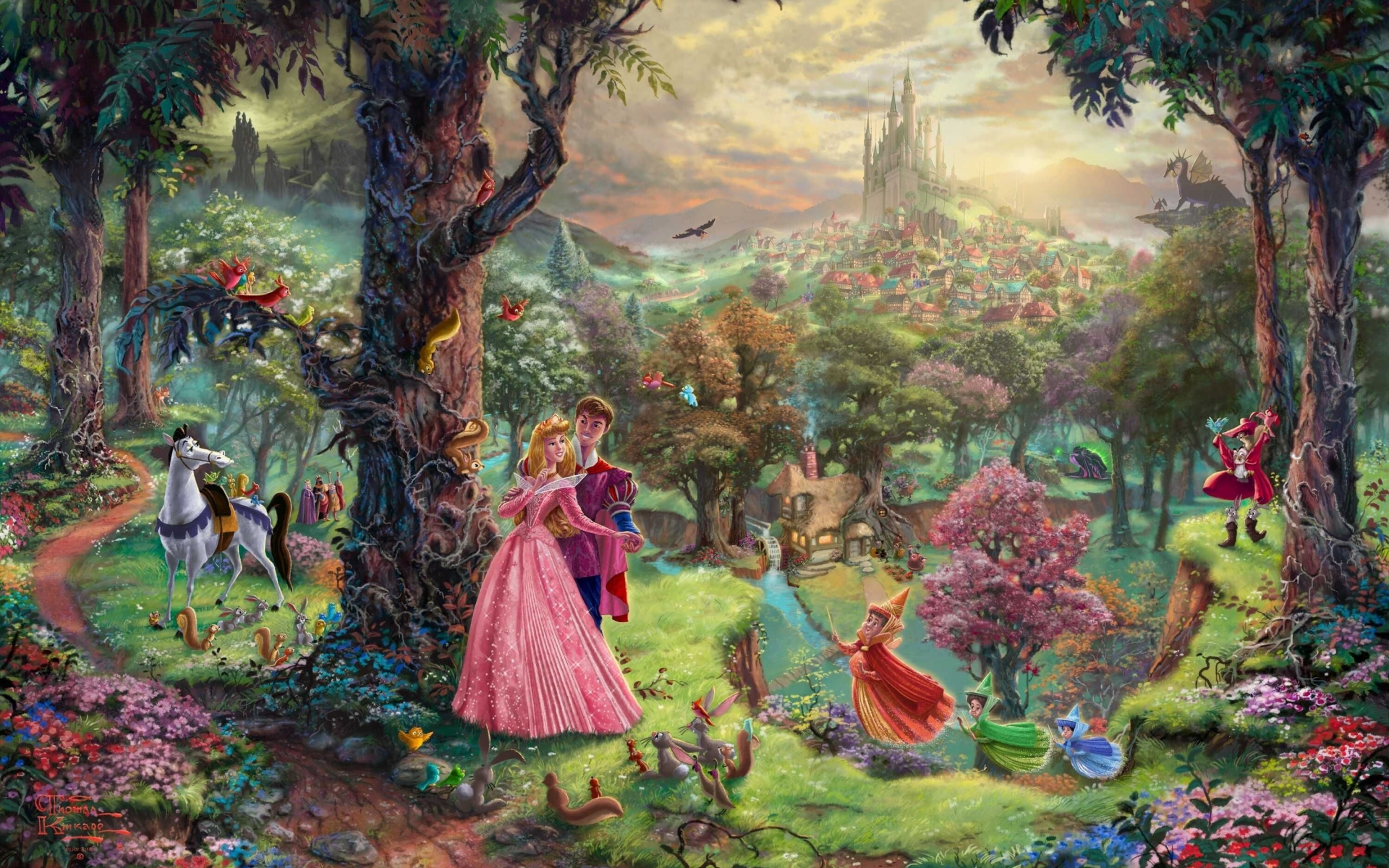 Картинка на рабочий стол thomas kinkade, castle, живопись, лес, сказка,  мультфильм, art, дома, деревья, персонажи, уолт дисней, томас кинкейд,  painting, animated film, парк, walt disney, замок, дракон, спящая  красавица, sleeping beauty 1920