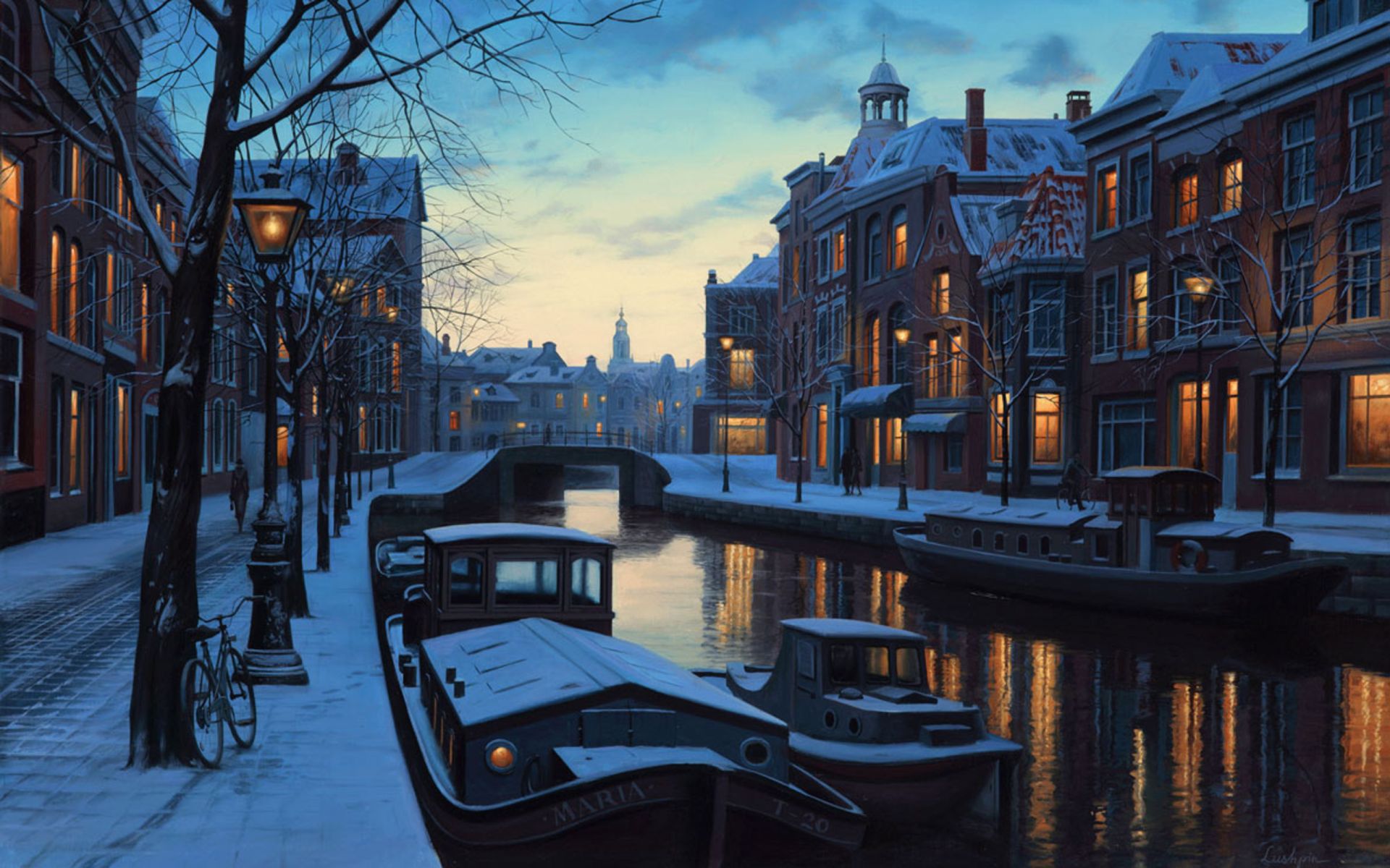 netherlands, evening, amsterdam, eugeny lushpin, Winter twilight, painting, lights, holland, boats