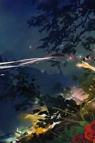 guilty crown, цветы, ночь, аниме, девушка, взгляд, inori yuzuriha