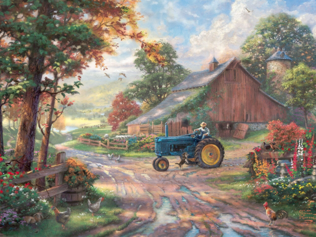summer, tractor, barn, Summer heritage, farm, thomas kinkade, man, animals, kinkade, dog, painting
