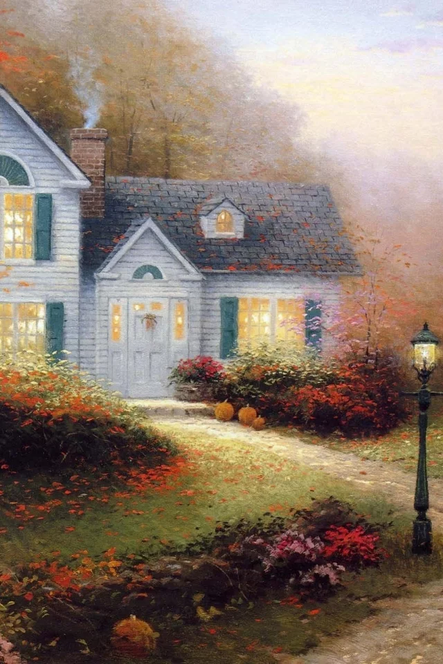 осень, кинкейд, живопись, картина, Thomas kinkade, фонарь