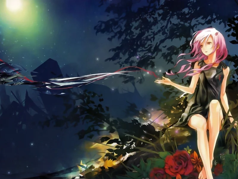 guilty crown, цветы, ночь, аниме, девушка, взгляд, inori yuzuriha