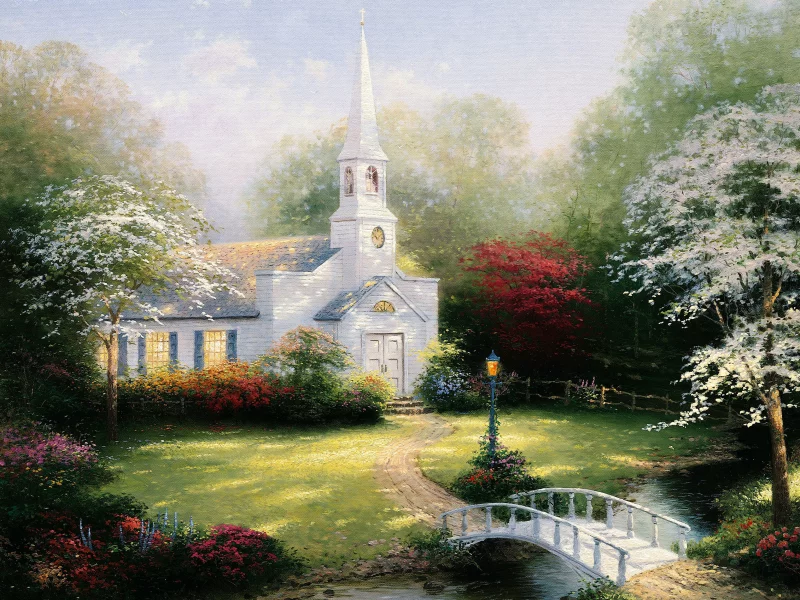 lamp, chapel, thomas kinkade, Hometown chapel, bridge, томас кинкейд, paintig