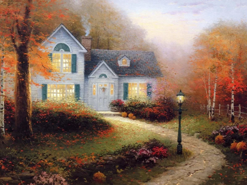 осень, кинкейд, живопись, картина, Thomas kinkade, фонарь