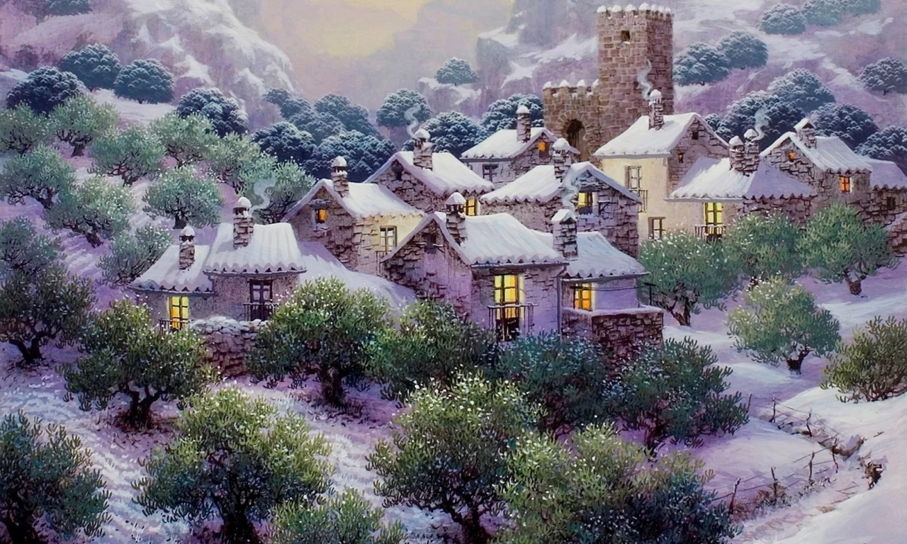 painting, snow in the olive grove, nieve en los olivares, luis romero