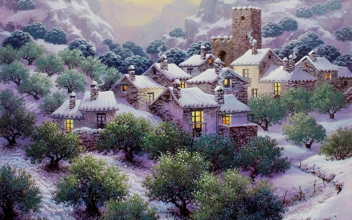 painting, snow in the olive grove, nieve en los olivares, luis romero