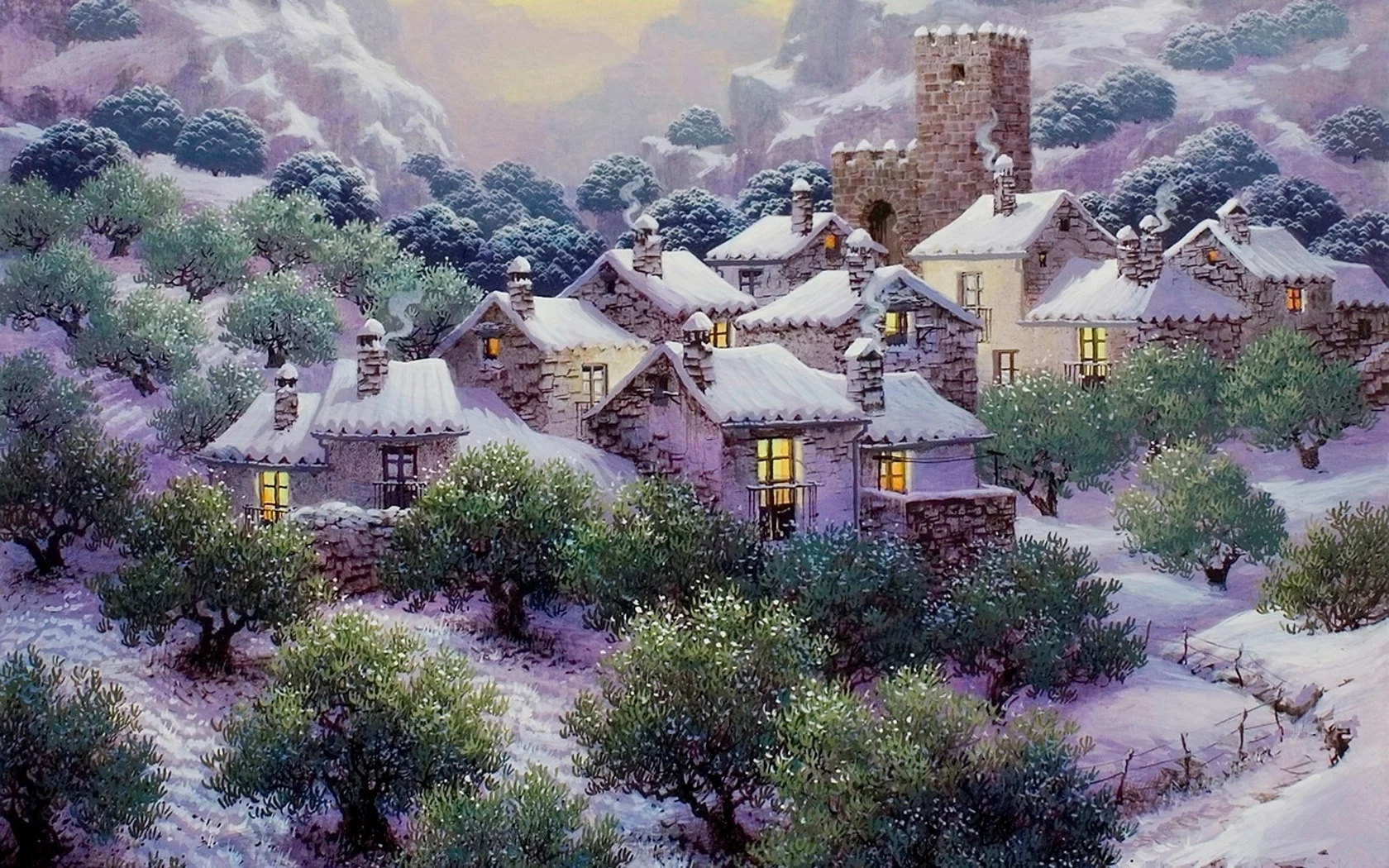 painting, snow in the olive grove, nieve en los olivares, luis romero