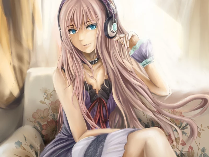 арт, диван, megurine luka, наушники, vocaloid, девушка, cj man