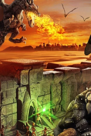 warrior, elf, dwarf, fire, fantasy, battle, dragon
