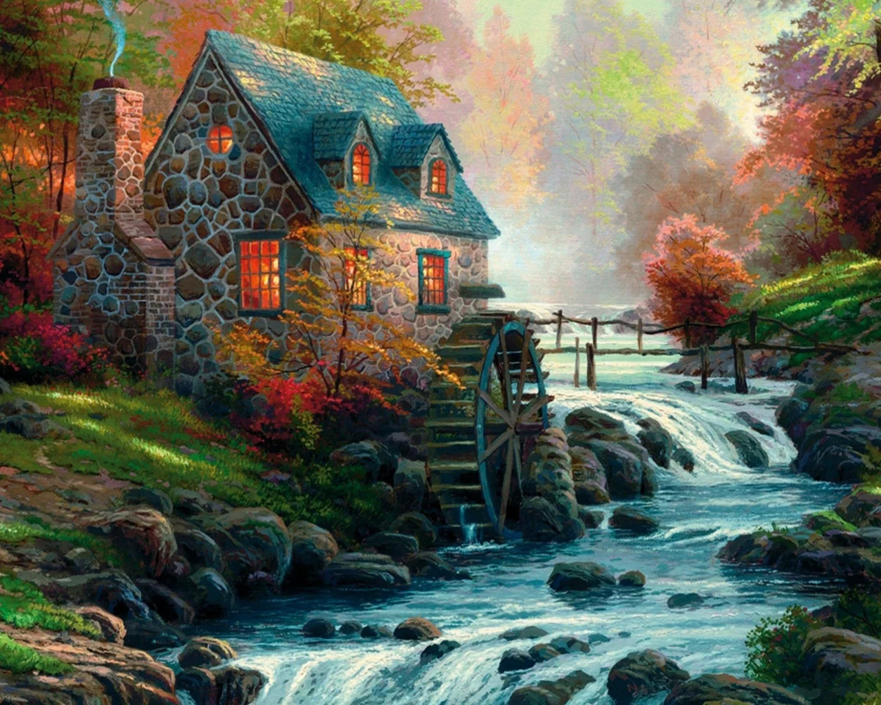 река, thomas kinkade, рисунок, лес, котедж