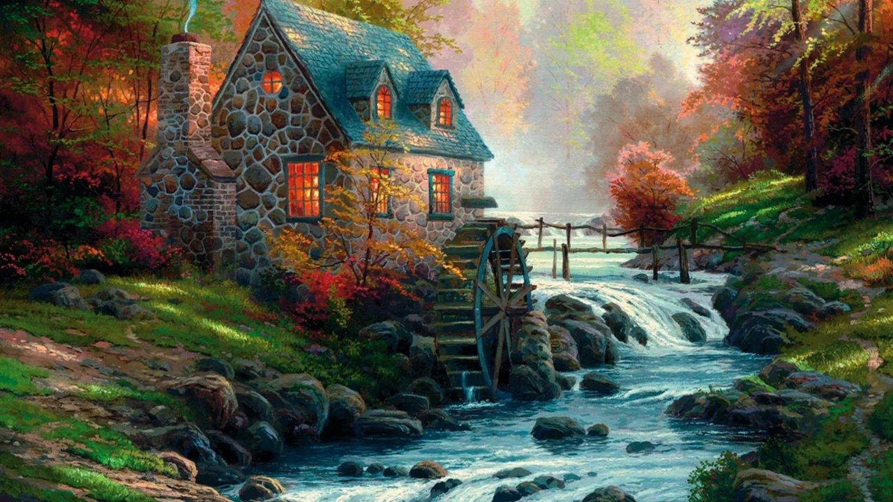 река, thomas kinkade, рисунок, лес, котедж