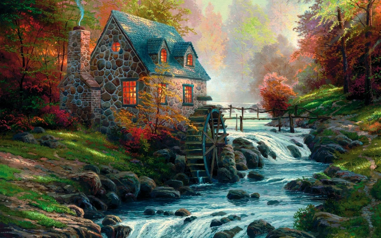 река, thomas kinkade, рисунок, лес, котедж