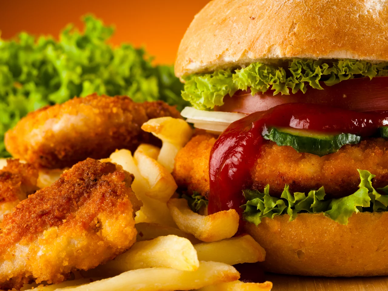 fast food, картофель фри, гамбургер