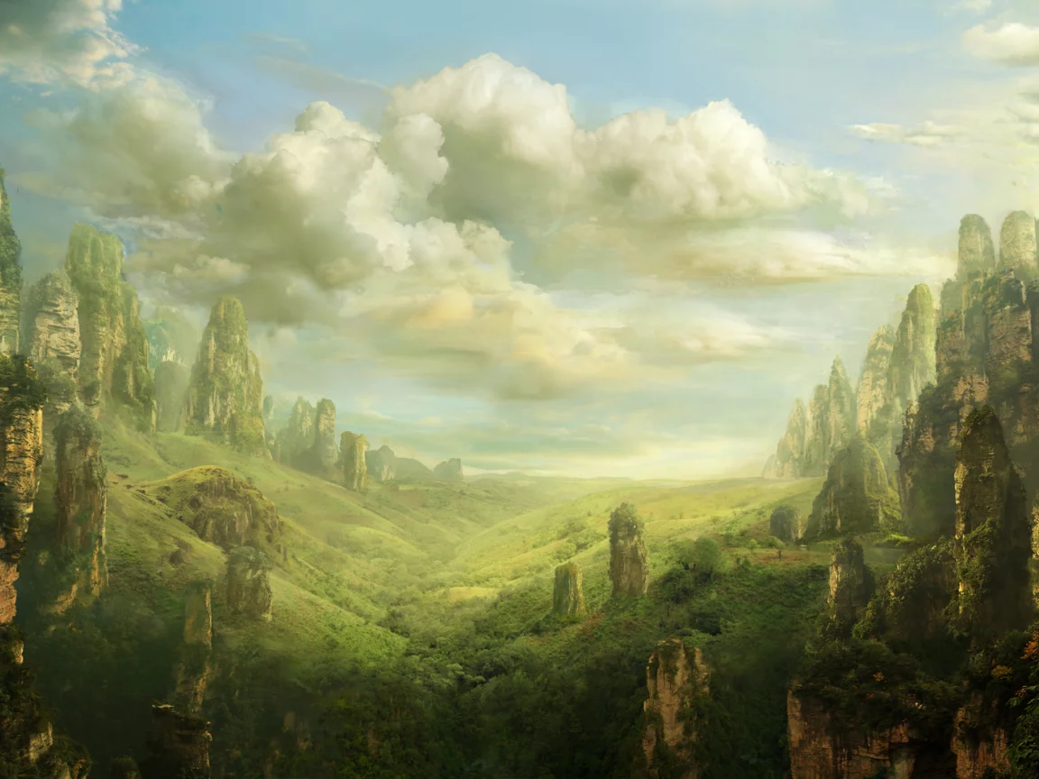 долина, valley, fantasy, скалы, art, pulpoglow