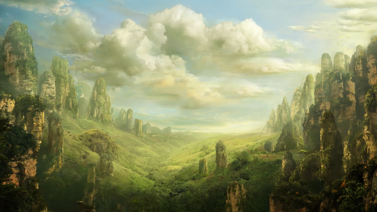 долина, valley, fantasy, скалы, art, pulpoglow