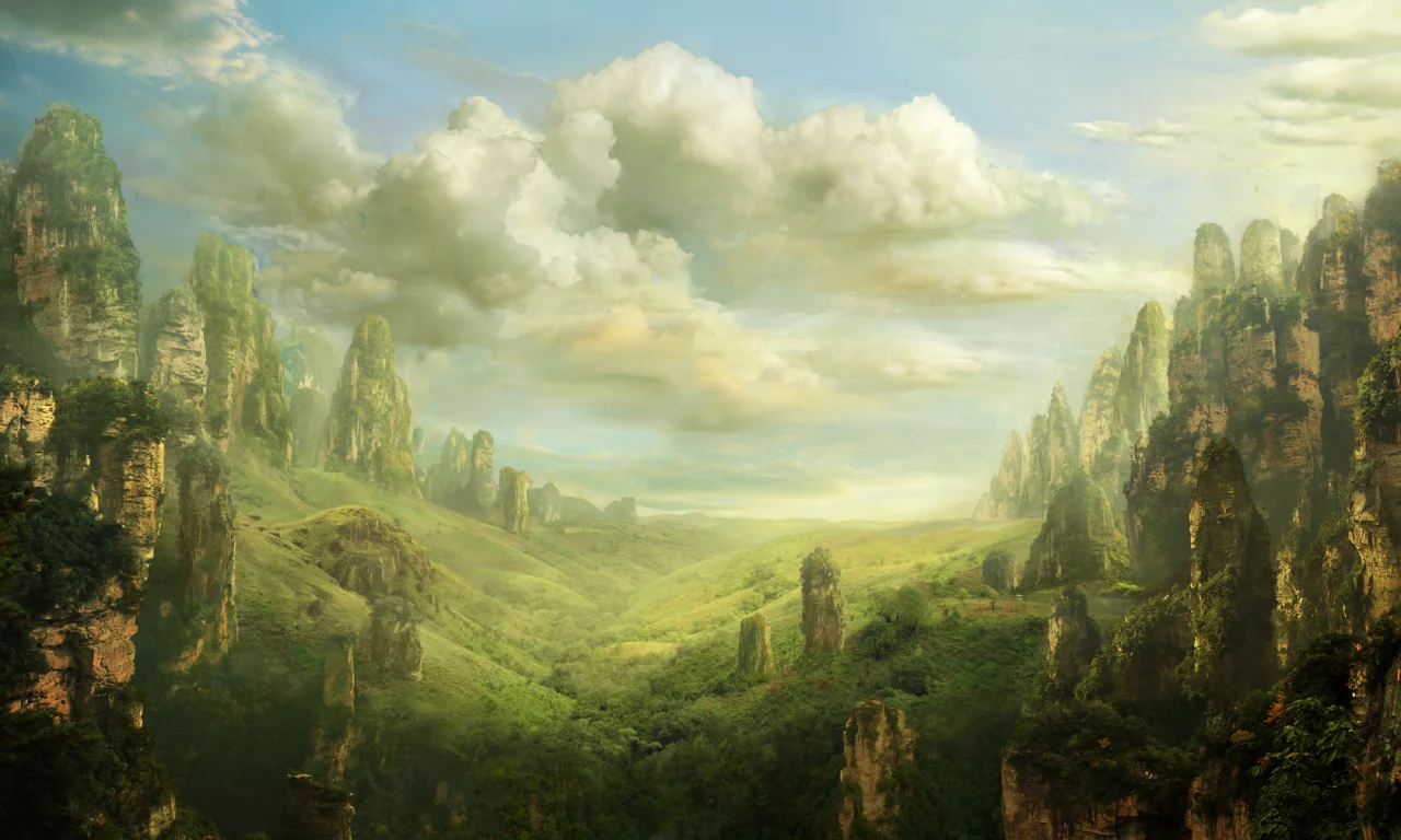 долина, valley, fantasy, скалы, art, pulpoglow