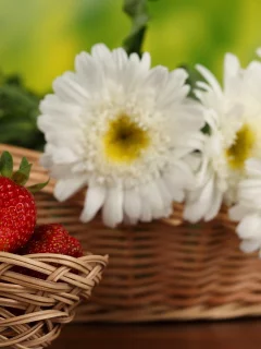 цветы, клубника, стол, боке, корзинки