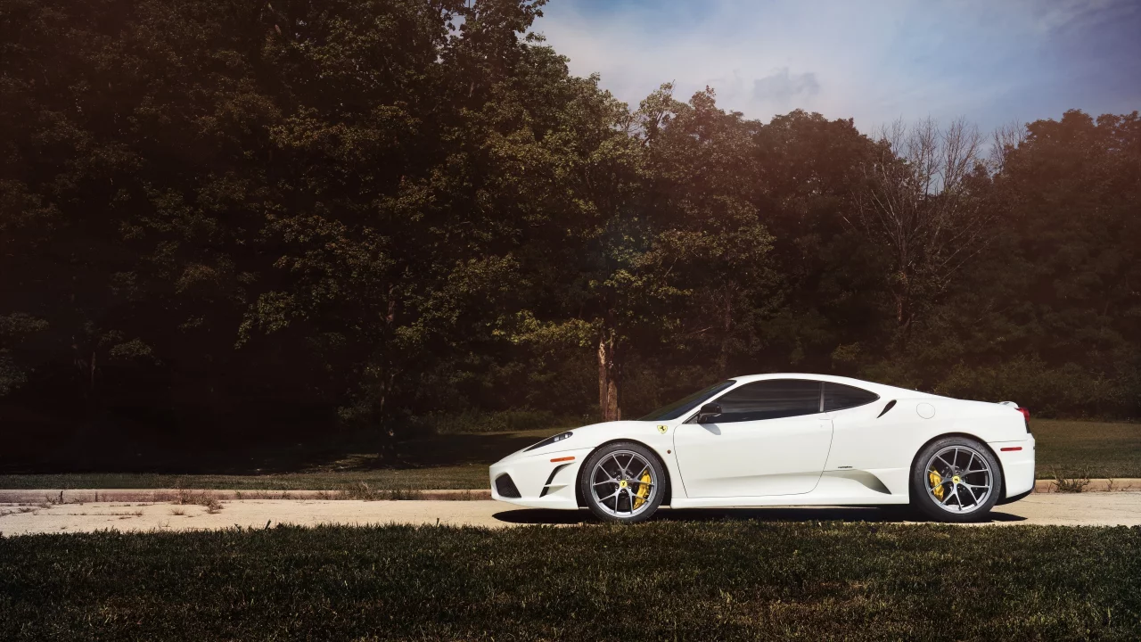 f430, white, sky, forest, trees, road, ferrari, scuderia