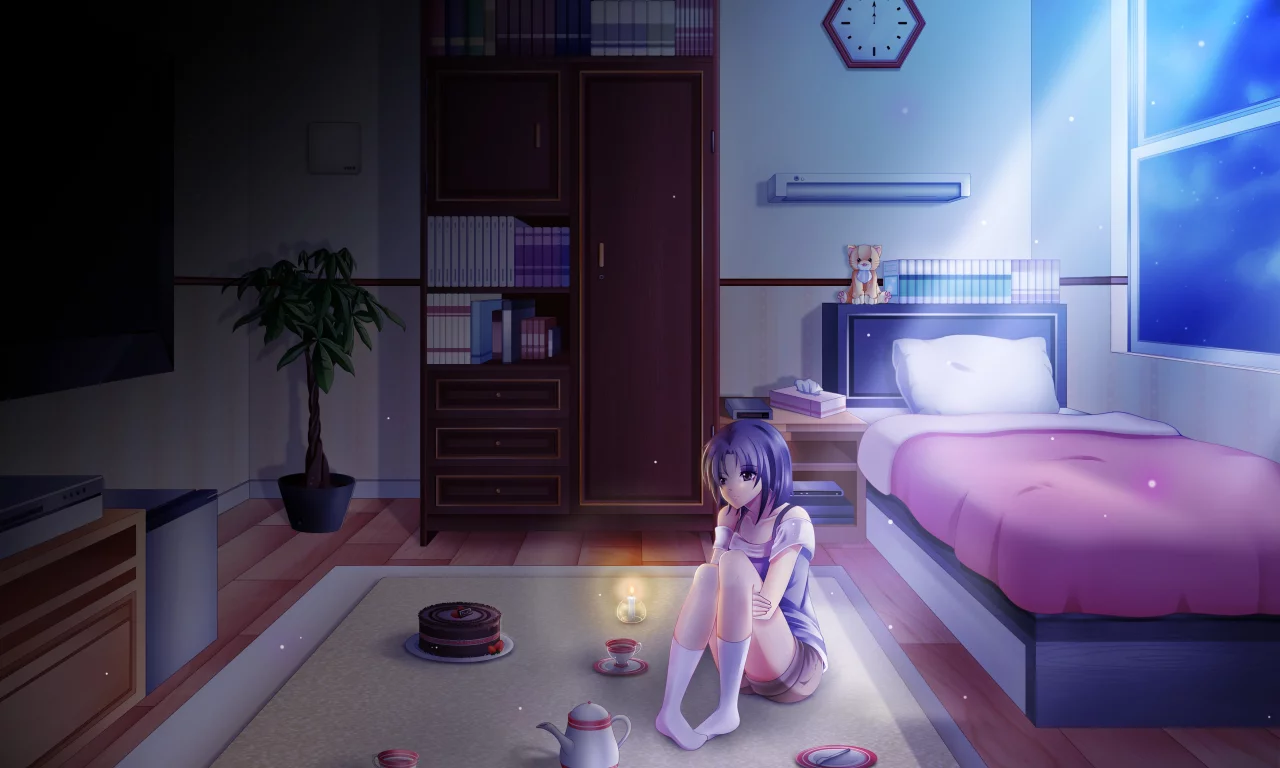 аниме, девушка, кровать, lonely night