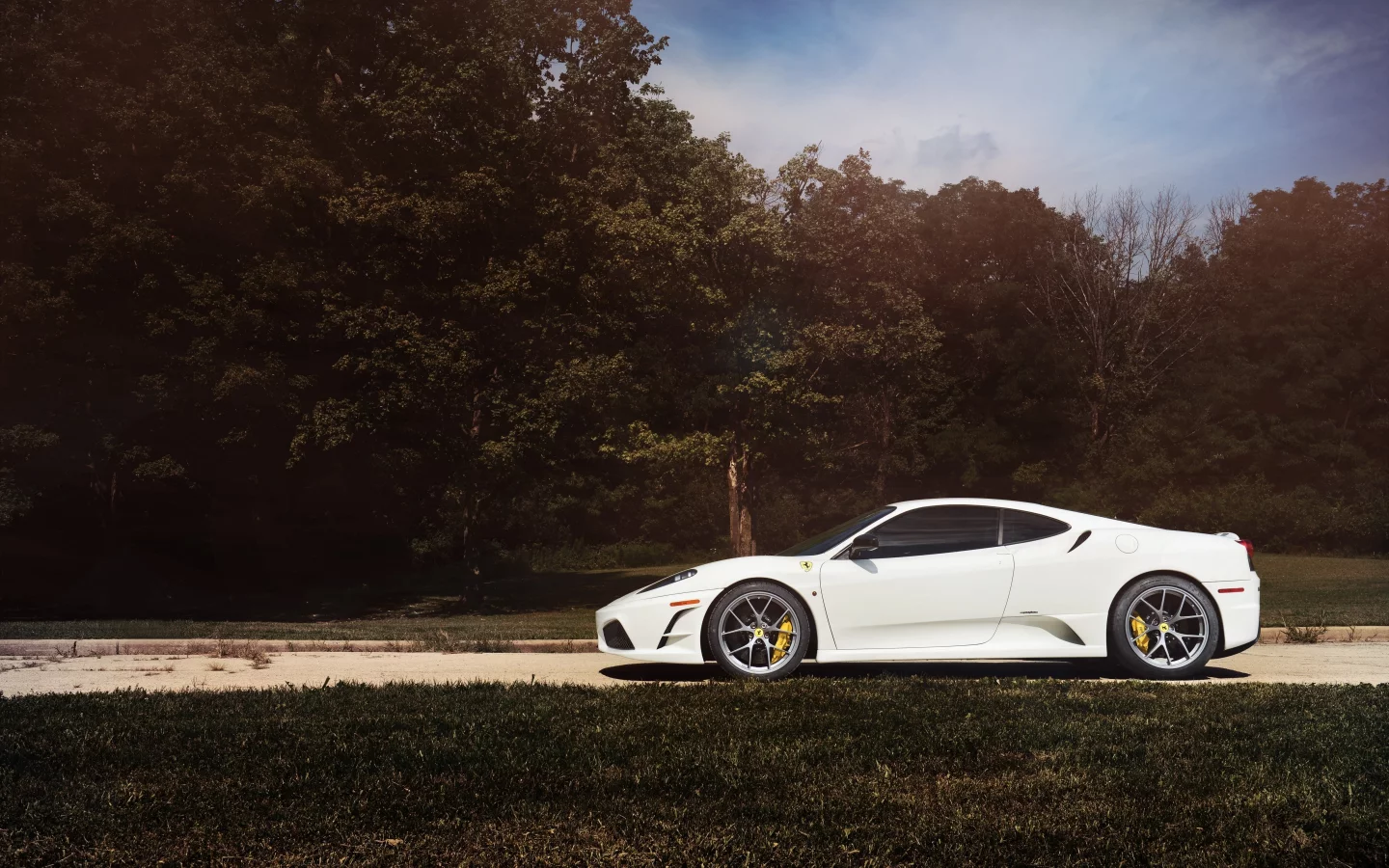 f430, white, sky, forest, trees, road, ferrari, scuderia