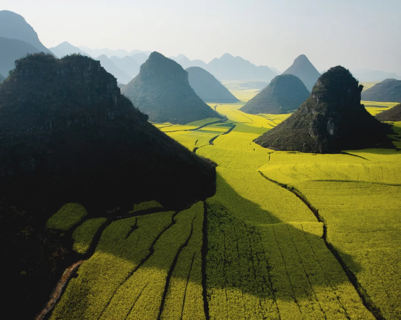wide, green, mountain, apple, sky, field