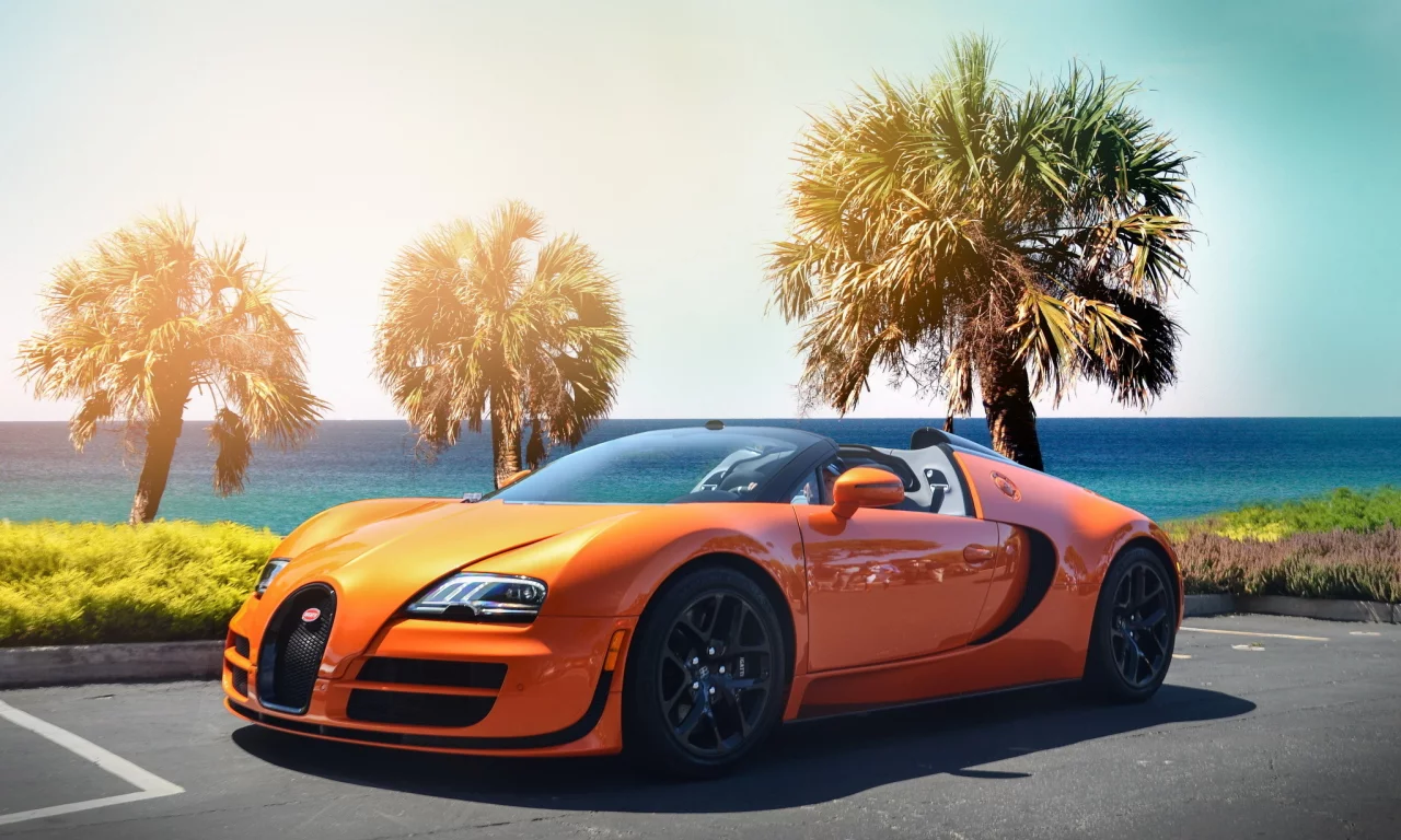 veyron, гиперкар, bugatti, пляж, оранжевый