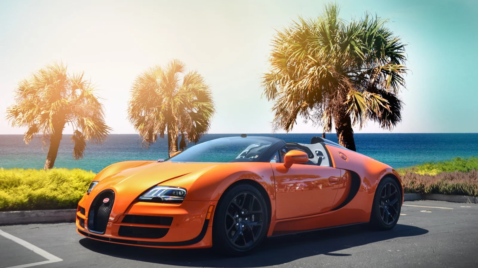 veyron, гиперкар, bugatti, пляж, оранжевый