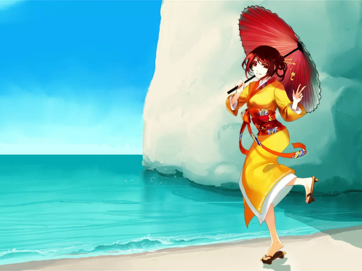 скала, арт, yuumei, море, кимоно, девушка