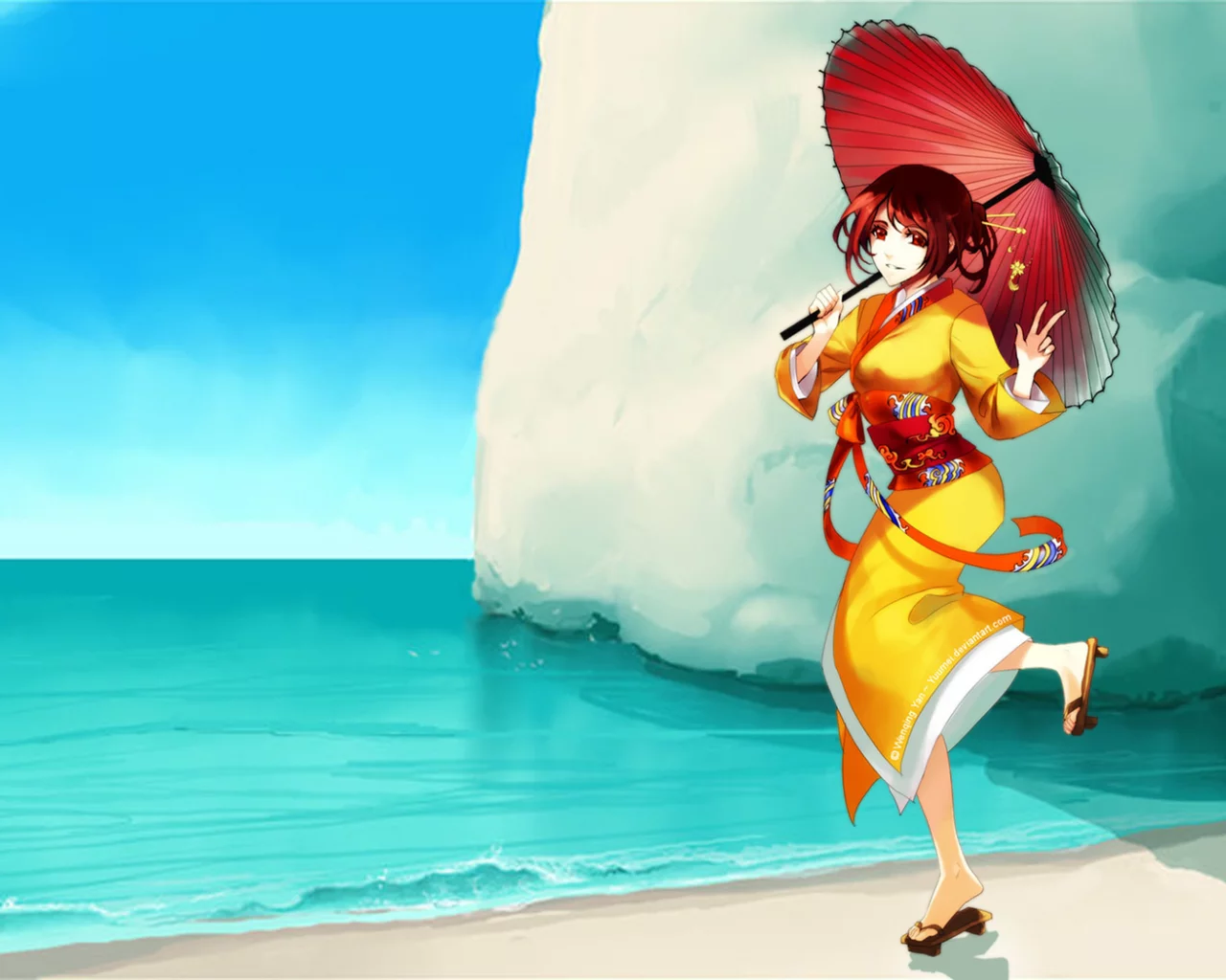 скала, арт, yuumei, море, кимоно, девушка