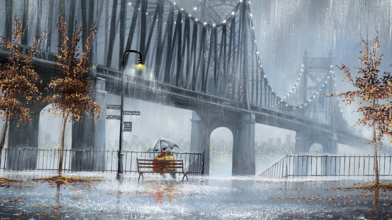 деревья, улица, дождь, jeff rowland, фонари