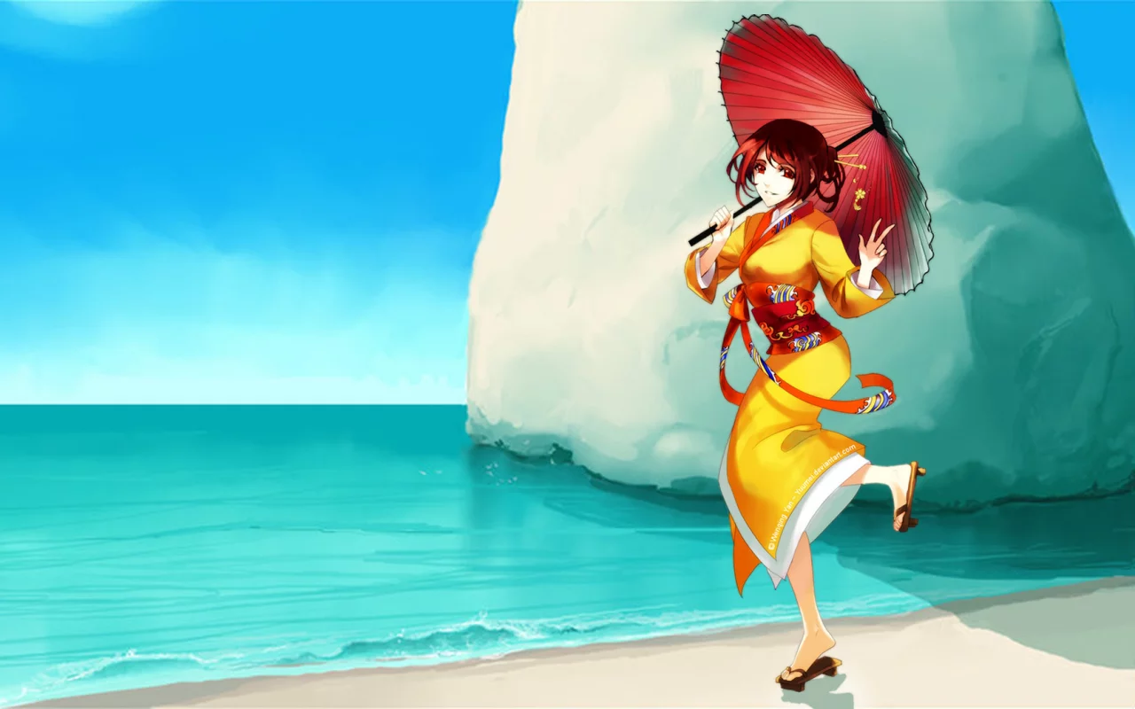 скала, арт, yuumei, море, кимоно, девушка