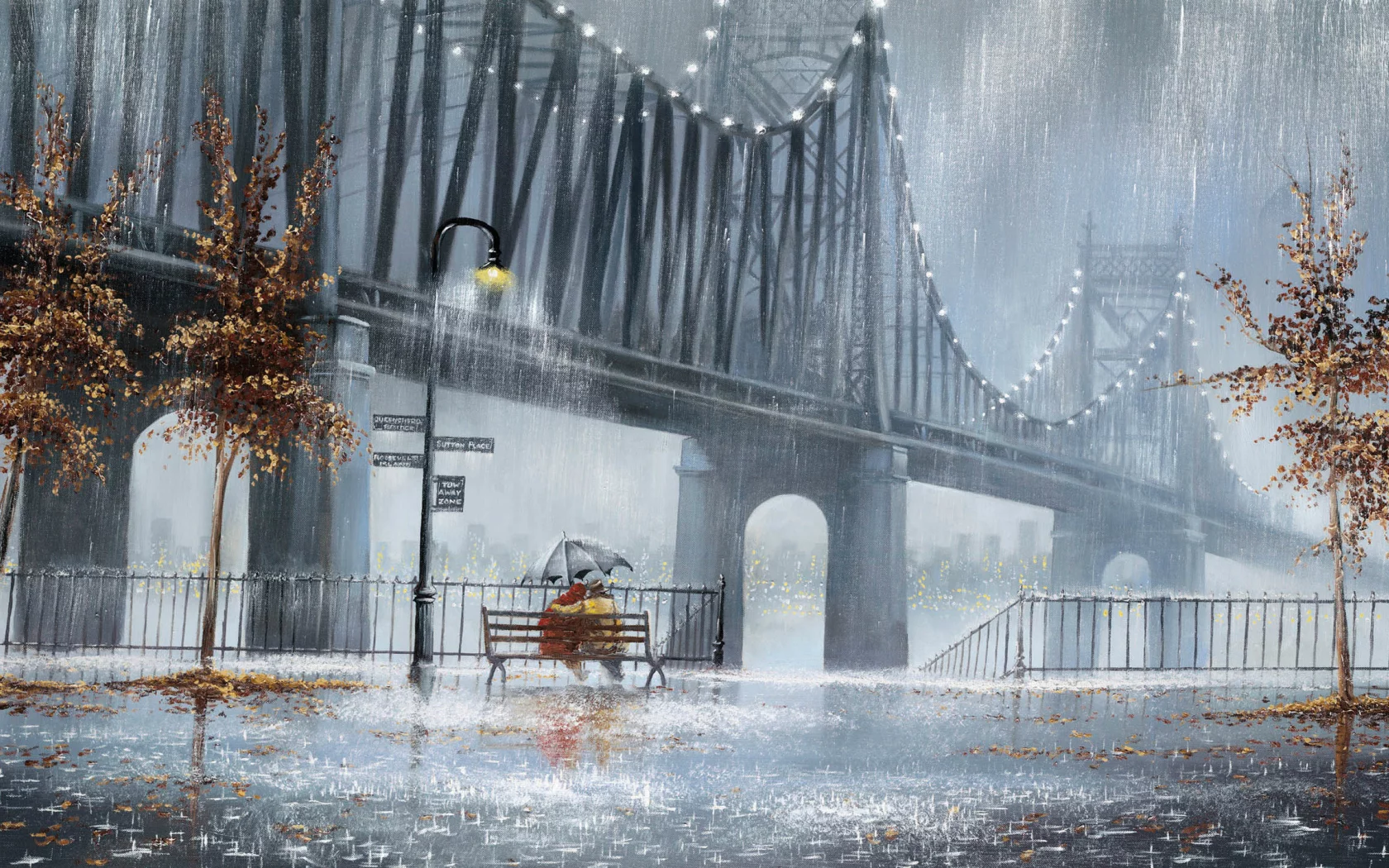 деревья, улица, дождь, jeff rowland, фонари