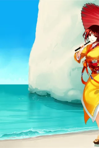 скала, арт, yuumei, море, кимоно, девушка