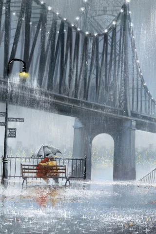 деревья, улица, дождь, jeff rowland, фонари