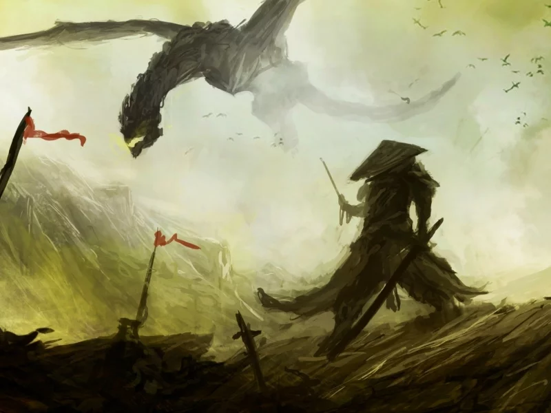 dragon, самурай, арт, дракон, фантастика