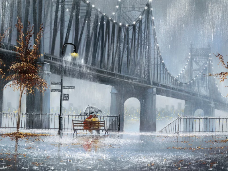 деревья, улица, дождь, jeff rowland, фонари