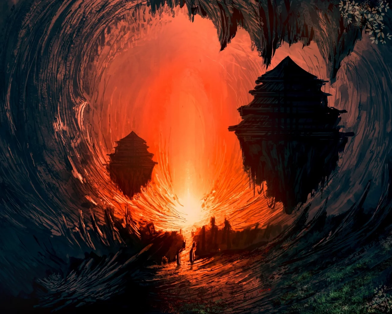 paintings, Underworld, landscapes, floating, concept art, fire, artwork, fantasy art, science fiction, cavern, , digital art, airbrushed