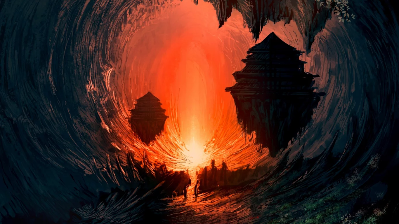 paintings, Underworld, landscapes, floating, concept art, fire, artwork, fantasy art, science fiction, cavern, , digital art, airbrushed