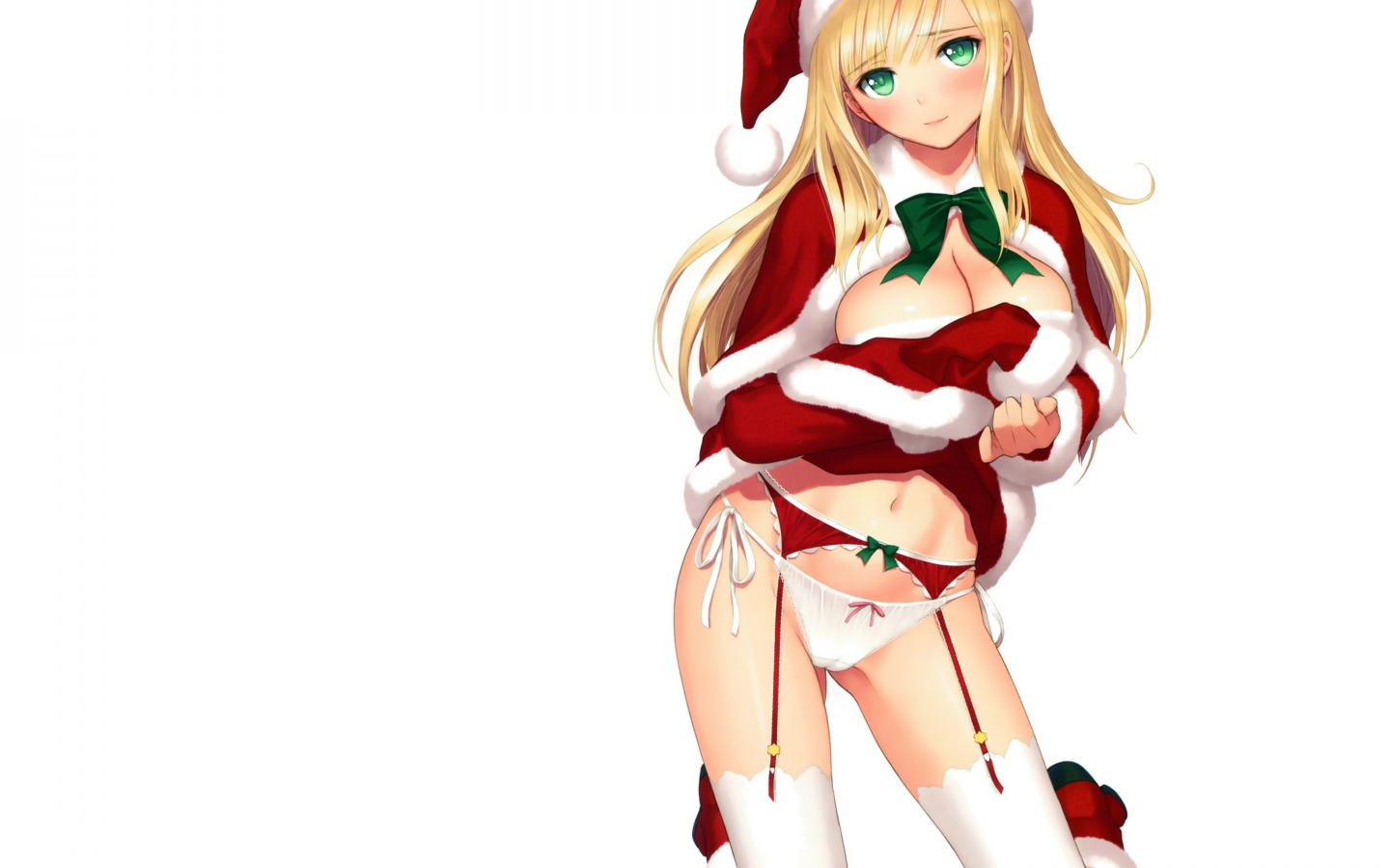 Картинка на рабочий стол белые, skirts, Christmas, cleavage, юбка лифта,  блондинки, трусики, аниме девушки, юбки, skirt lift, декольте, пояса с  подвязками, нижнее белье, длинные волосы, white, Рождество, зеленые глаза,  underwear, blondes, anime