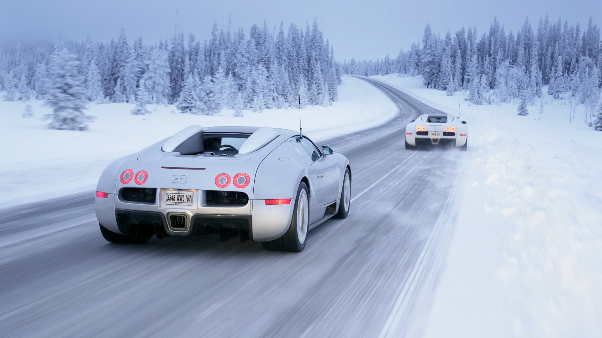 Картинка на рабочий стол снег, белые автомобили, winter, Зима, Bugatti  Veyron, cars, snow, white cars, автомобили 1920 x 1080