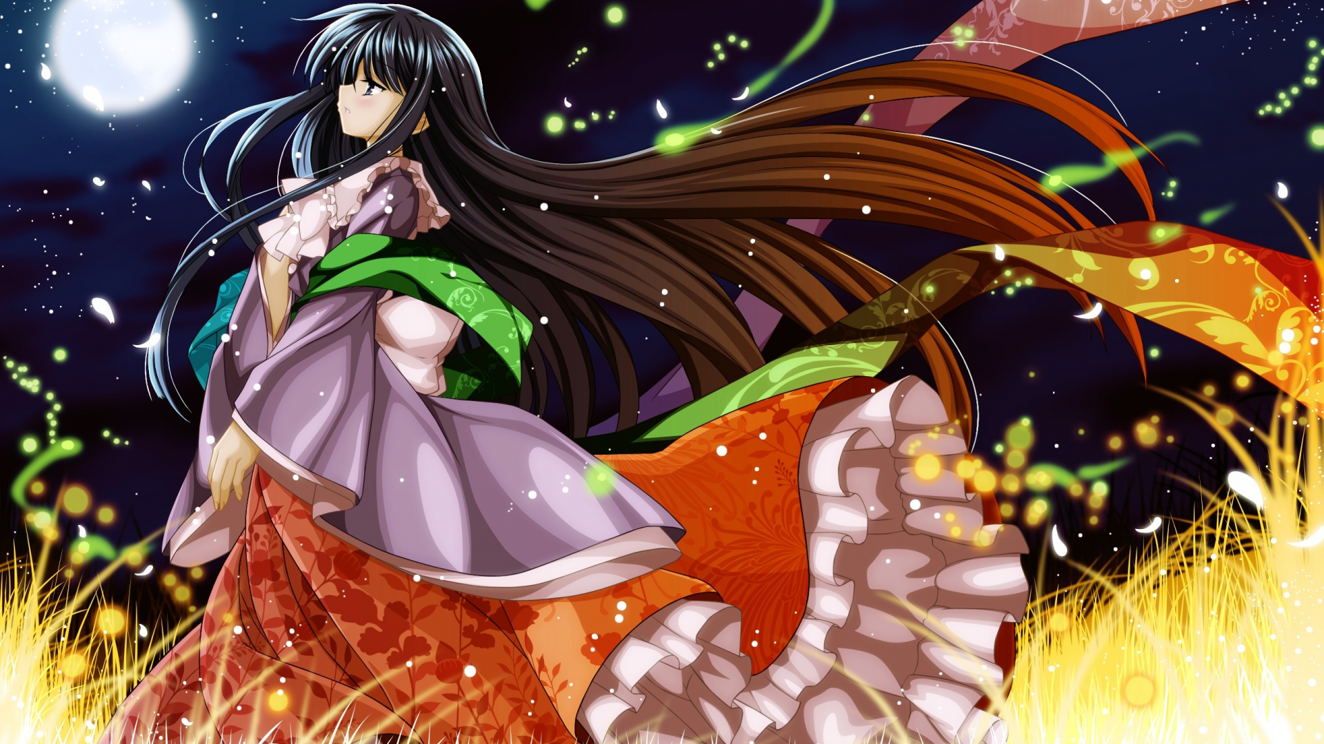 Картинка на рабочий стол skies, black hair, black eyes, profile, scarfs,  video games, Moon, anime girls, skirts, bows, stars, glowing, wide sleeves,  fireflies, long hair, Capura Lin, Full Moon, brunettes, flower petals,