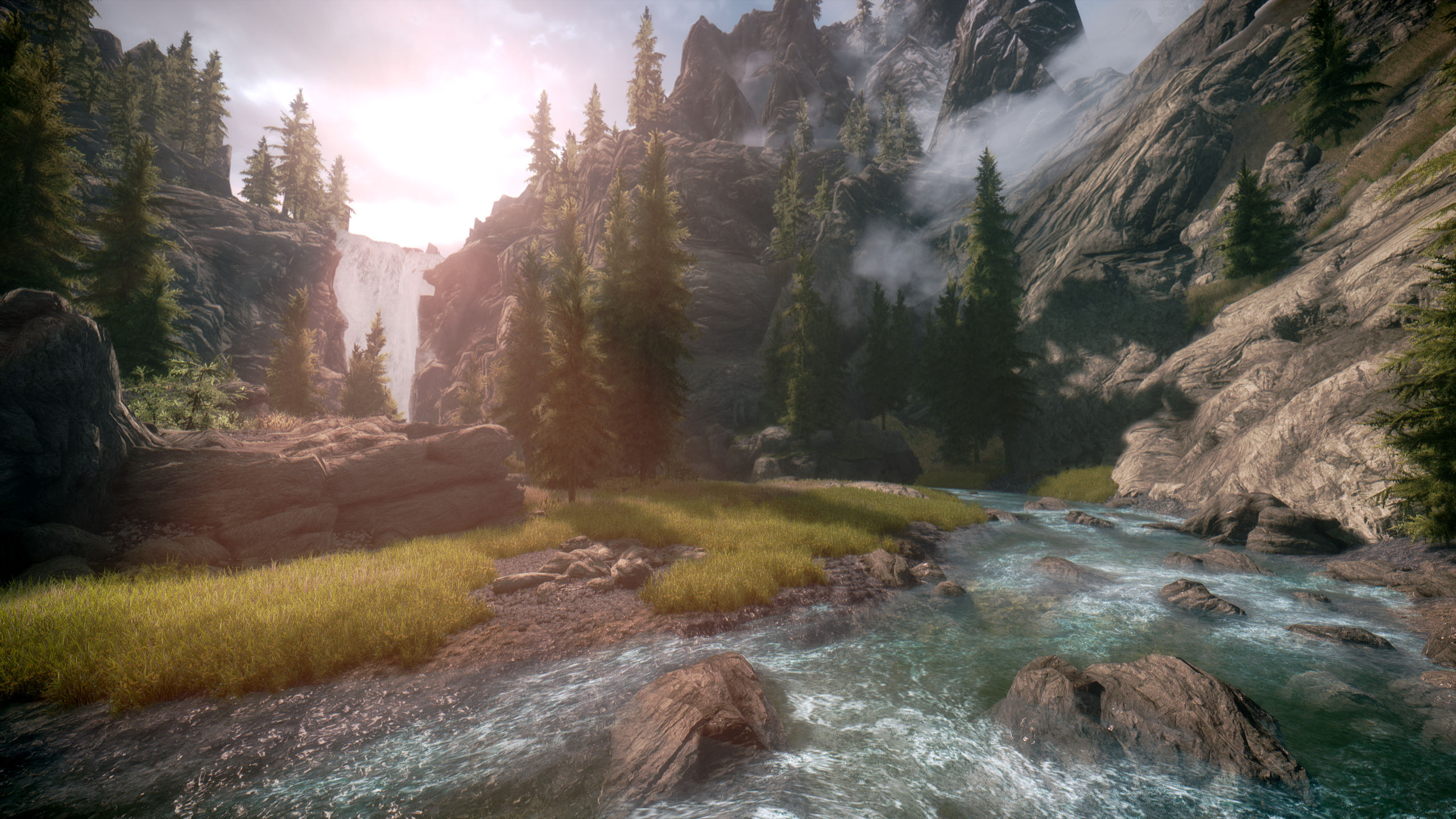 Картинка на рабочий стол природа, The Elder Scrolls V: Skyrim, rivers,  sunlight, деревья, видео-игры, video games, nature, trees, реки,Elder  Scrolls V: Skyrim, солнце 2560 x 1440