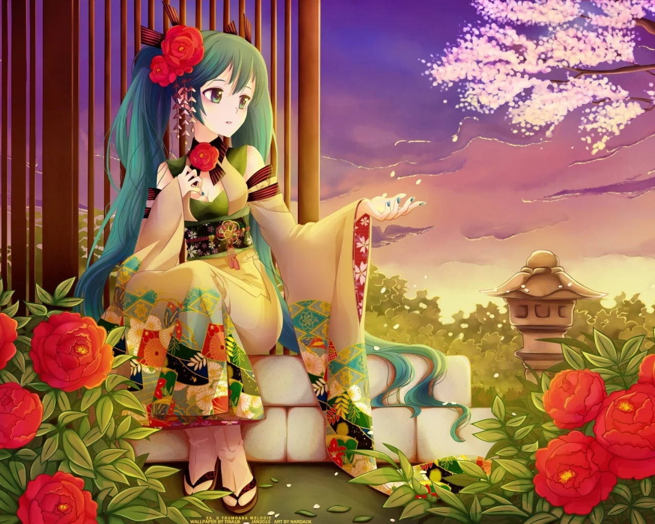 yukata, Nardack, юката, aqua eyes, аква глаза, twintails, Japanese clothes, цвета морской волны волос, Vocaloid, aqua hair, японская одежда, Hatsune Miku