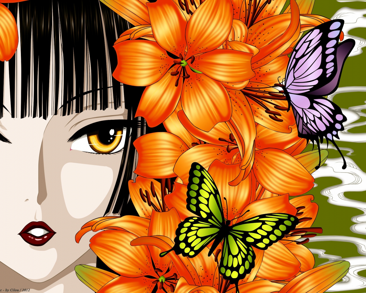 Картинка на рабочий стол lilies, цветы, красные губы, xxxHolic, anime  girls, Clamp, Юко Ichihara, yellow eyes, butterflies, hime cut, long hair,  аниме девушки, черные волосы, химэ вырезать, бабочки, red lips, ведьмы,  желтые