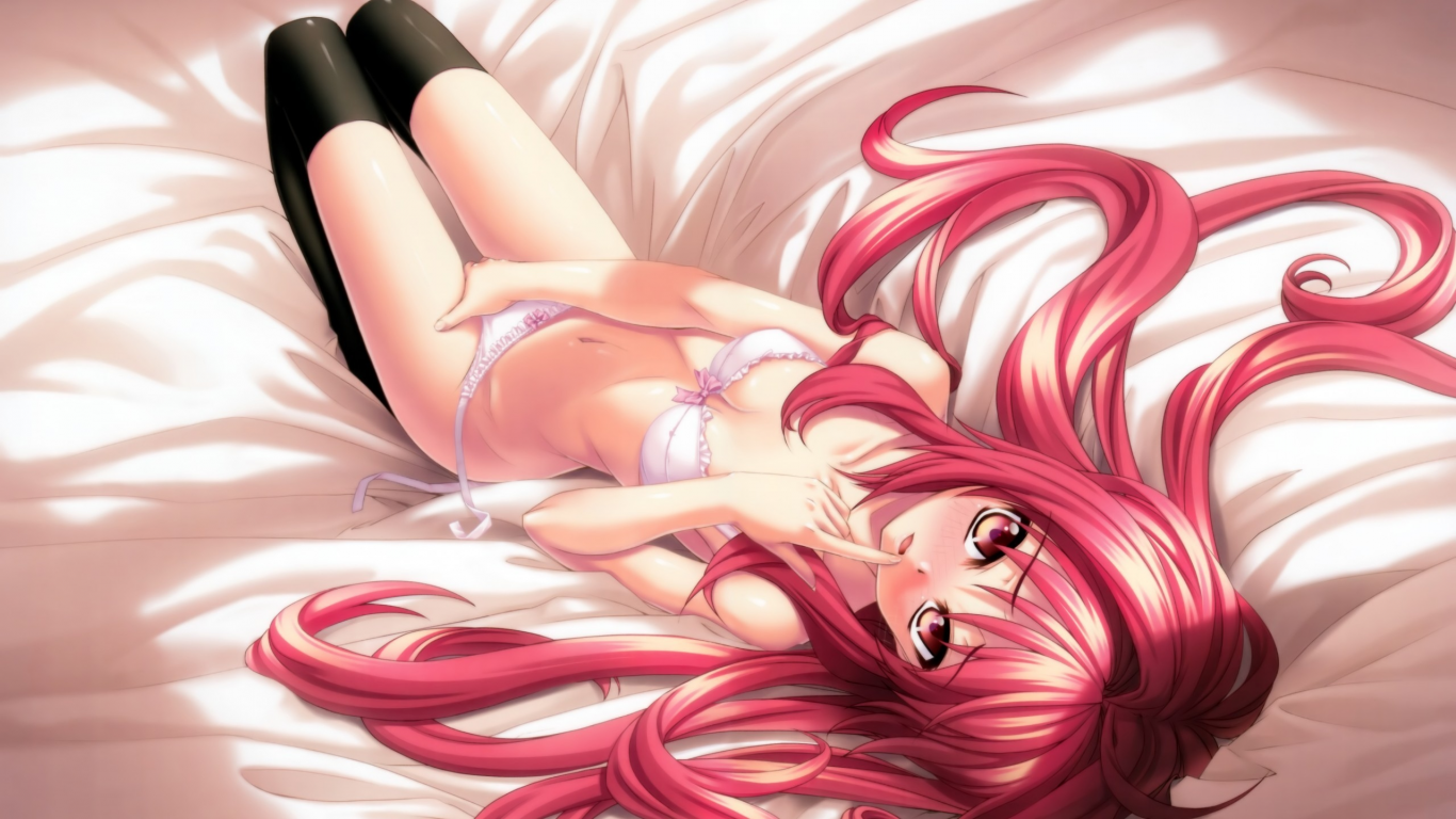 Картинка на рабочий стол beds, anime, трусики, pink hair, long hair,  длинные волосы, бюстгальтер, аниме, кровати, розовые волосы, чулки,  panties, маленькие сиськи, stockings, аниме девушки, anime girls, bra,  small boobs 1366 x