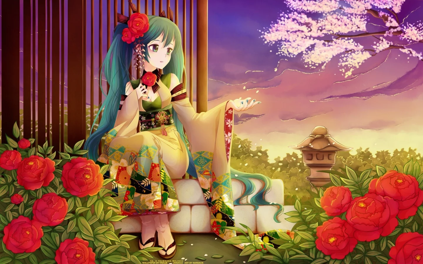 yukata, Nardack, юката, aqua eyes, аква глаза, twintails, Japanese clothes, цвета морской волны волос, Vocaloid, aqua hair, японская одежда, Hatsune Miku