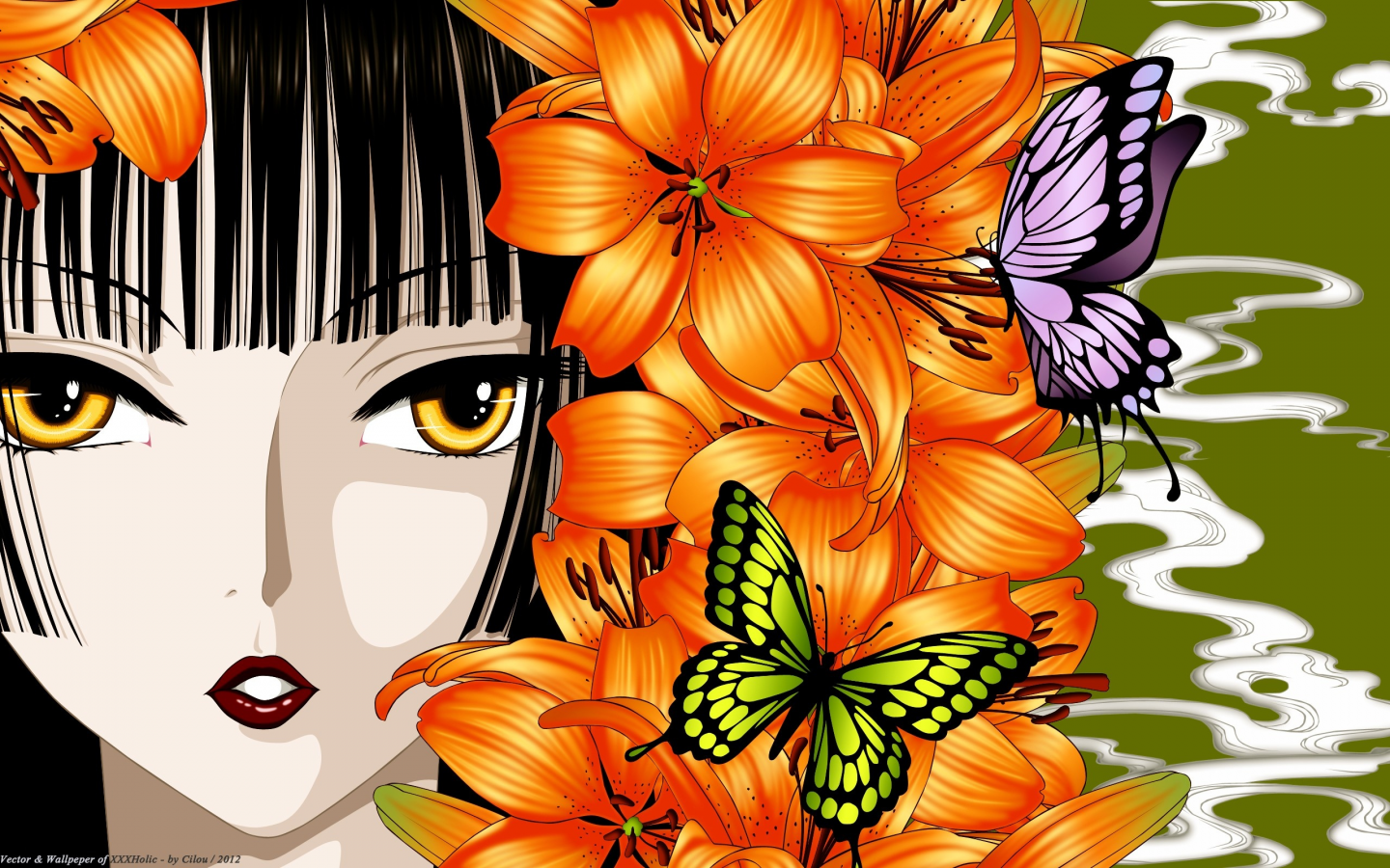 Картинка на рабочий стол lilies, цветы, красные губы, xxxHolic, anime  girls, Clamp, Юко Ichihara, yellow eyes, butterflies, hime cut, long hair,  аниме девушки, черные волосы, химэ вырезать, бабочки, red lips, ведьмы,  желтые